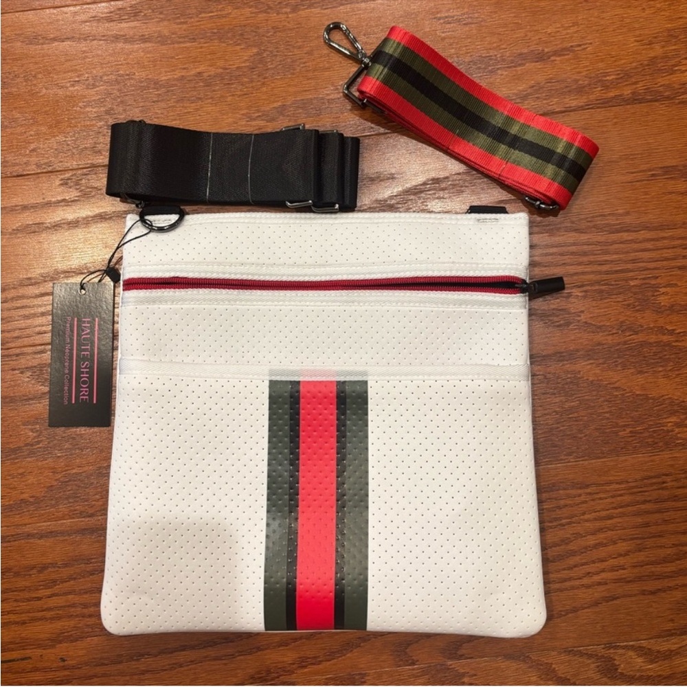 White and Black Crossbody Bag with Red Stripe